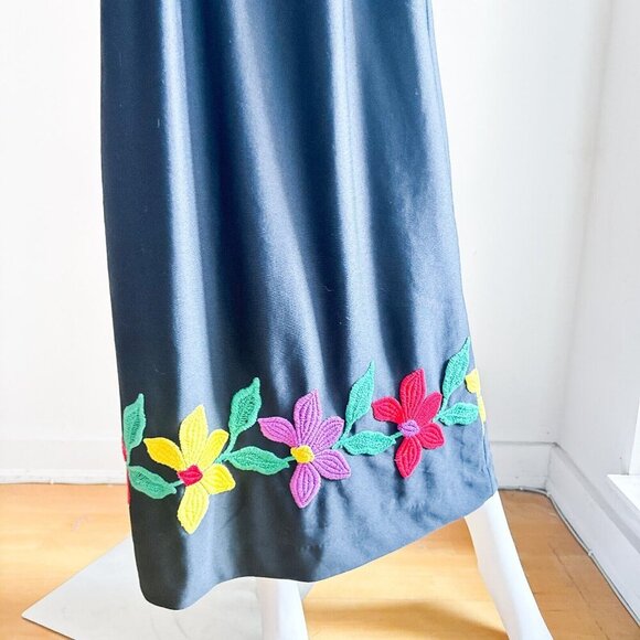 Vintage Black Embroidered Floral Maxi Dress S - Picture 3 of 9